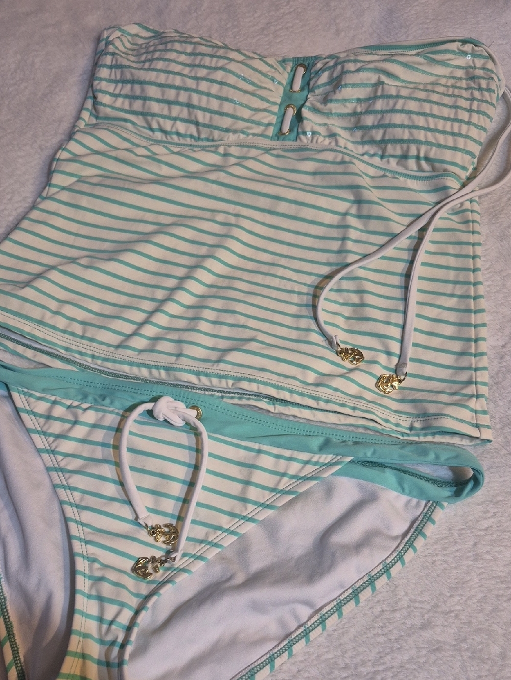 Sperry Mint and White Striped Bandeau Tankini Set Sz. L